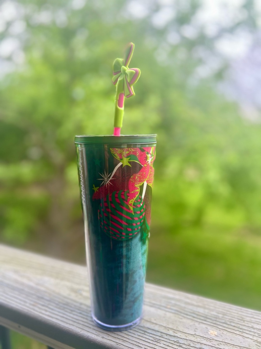 Starbucks Green and Pink Holiday Tumbler with Decorative Straw